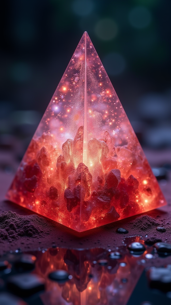 rear angle of a Soft wabi-sabi Crystal pyramid, in focus, Bugcore, Colorless and Maroon dust particles, deep rich colors, rich vivid colors, perfect symmetry, epic atmosphere, great composition, perfect composition, highly detail, surreal, enchanted, beautiful, complimentary colors, beautiful elegant      , aidmaglow