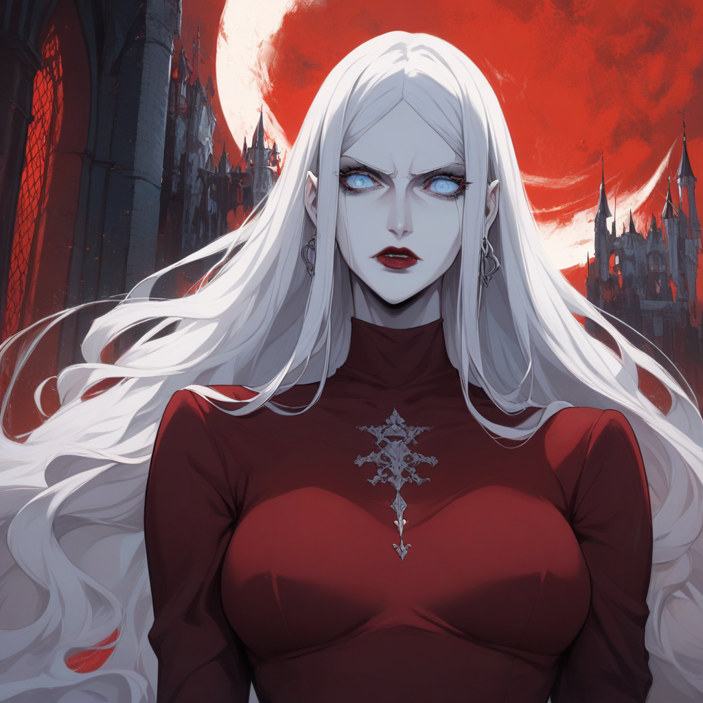 source_anime, ((score_9)),score_8_up,score_7_up,score_6_up,score_5_up,score_4_up, 1woman, carmilla_(castlevania), castlevania_(netflix), castlevania style, castl3van1a5tyl3,  (Masterpiece), (anime, illustration), 4k, high res, highest quality, ray tracing, perfect eyes, BREAK, A beautiful woman stands in a tight-fitting, red dress,  Carmilla, carmilla_(castlevania), 1woman, vampire, pale skin, albino, red dress, long dress, pauldrons, long hair, white hair, long hair, (blue eyes:1.2), by a window,  Red sky, full moon, castle,