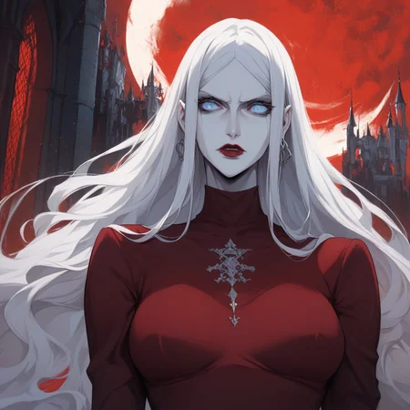 source_anime, ((score_9)),score_8_up,score_7_up,score_6_up,score_5_up,score_4_up, 1woman, carmilla_(castlevania), castlevania_(netflix), castlevania style, castl3van1a5tyl3, (Masterpiece), (anime, illustration), 4k, high res, highest quality, ray tracing, perfect eyes, BREAK, A beautiful woman stands in a tight-fitting, red dress, Carmilla, carmilla_(castlevania), 1woman, vampire, pale skin, albino, red dress, long dress, pauldrons, long hair, white hair, long hair, (blue eyes:1.2), by a window, Red sky, full moon, castle,