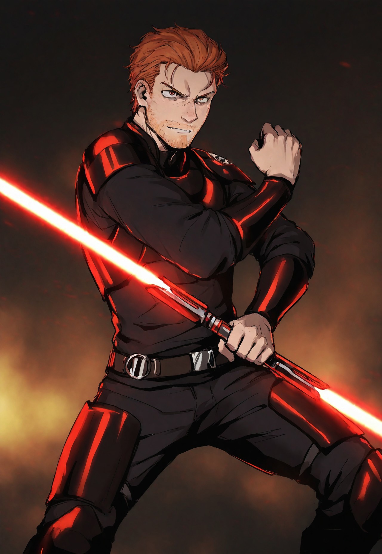 Smooth_Quality, masterpiece, best quality, amazing quality, very aesthetic, absurdres, newest, detailed background, kalKes, 1boy, solo, orange hair, short hair, stubble, orange eyes, armor, holding, red double bladed lightsaber, fighting pose