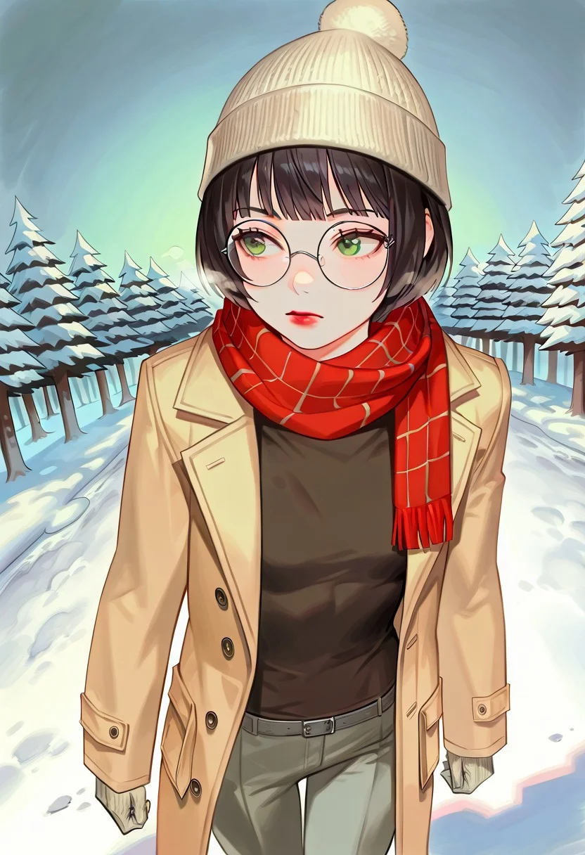 masterpiece, best quality, 32k, high resolution, absurdres, sattan, Polly, PollyRH, short hair, bobcut, black hair, bangs, green eyes, small breasts, almost flat chest, slim, big round eyeglasses, clear eyeglasses lenses, red lipgloss, winter, snowy, wool beanie, scarf, brown coat, wool gloves, pants, cold, walking, perspective, detailed, urban scenario, Dutch angle, looking away, face closeup, solo