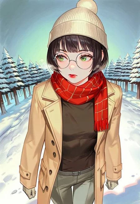 masterpiece, best quality, 32k, high resolution, absurdres, sattan, Polly, PollyRH, short hair, bobcut, black hair, bangs, green eyes, small breasts, almost flat chest, slim, big round eyeglasses, clear eyeglasses lenses, red lipgloss, winter, snowy, wool beanie, scarf, brown coat, wool gloves, pants, cold, walking, perspective, detailed, urban scenario, Dutch angle, looking away, face closeup, solo