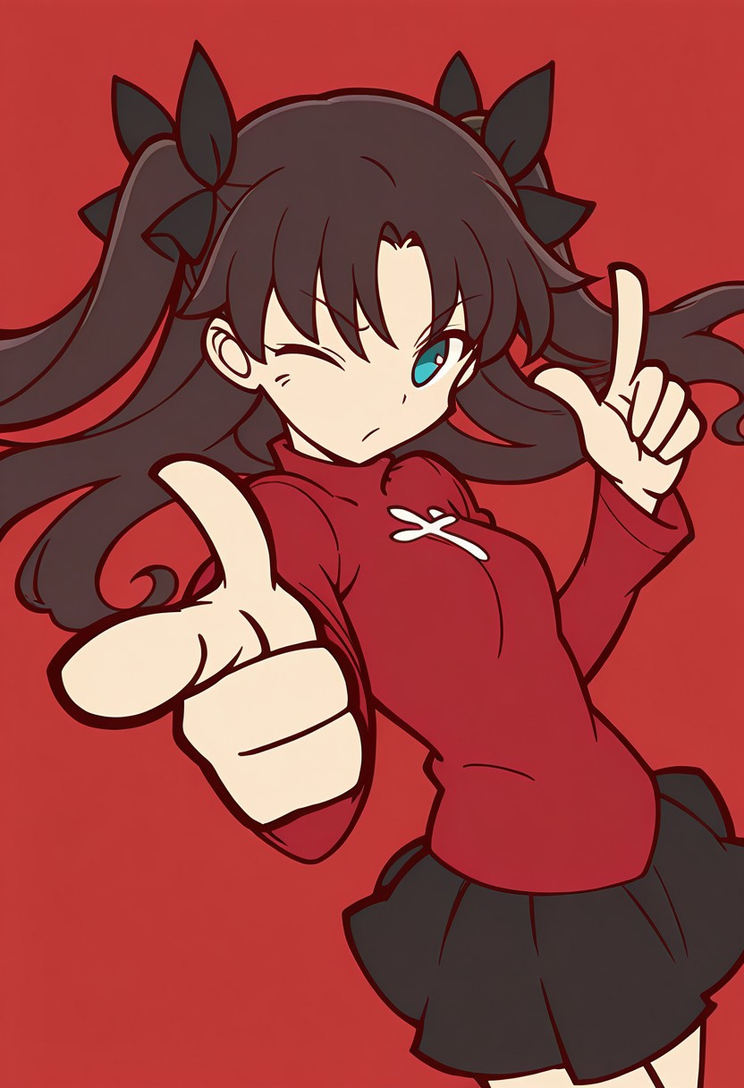 masterpiece, high_quality, highres, flat_colors, 1girl, solo, looking at viewer, double finger gun, pointing at viewer, posing, one eye closed,joyful, rin tohsaka, \(fate series\), dynamic angle,
