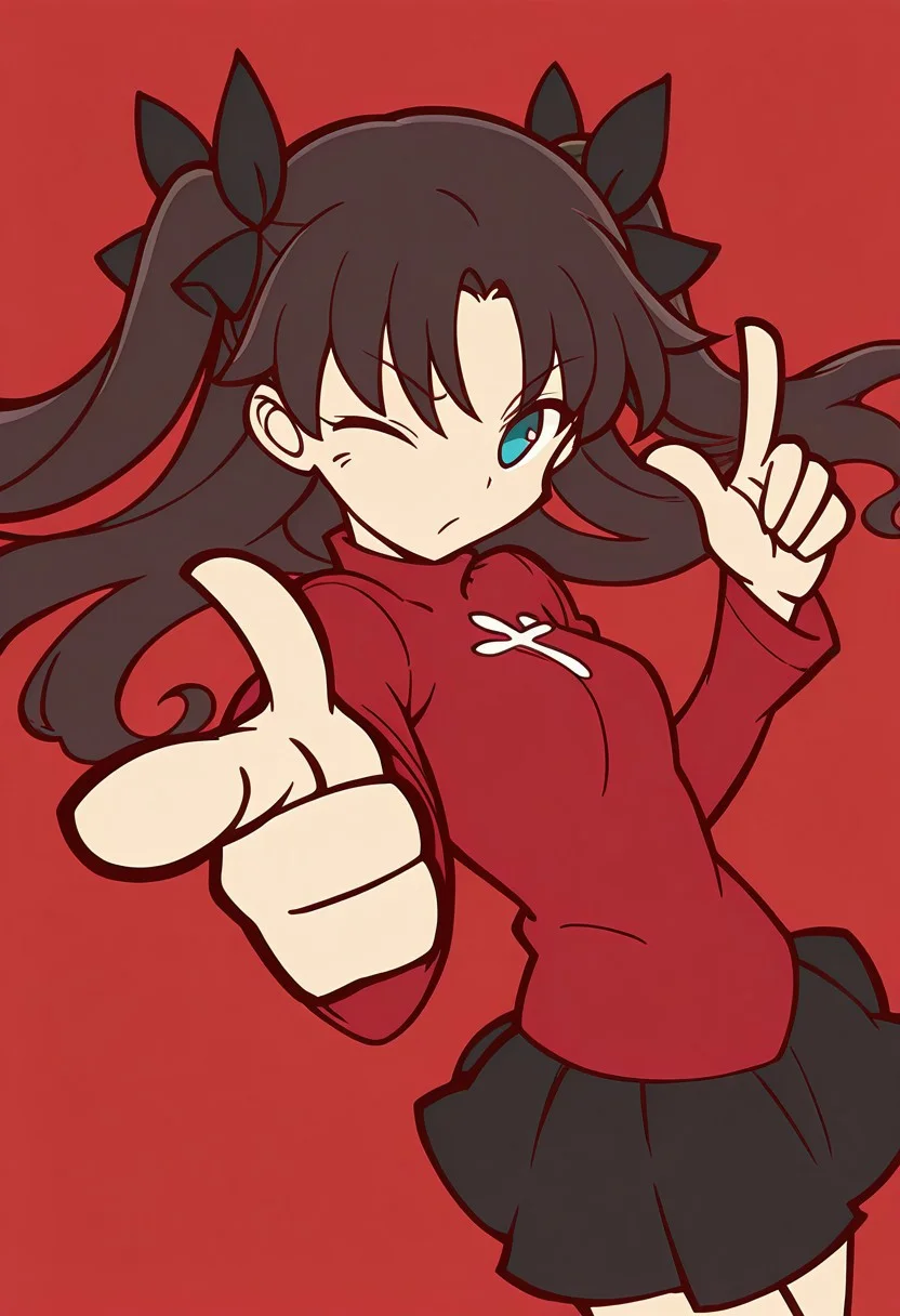 masterpiece, high_quality, highres, flat_colors, 1girl, solo, looking at viewer, double finger gun, pointing at viewer, posing, one eye closed,joyful, rin tohsaka, \(fate series\), dynamic angle,