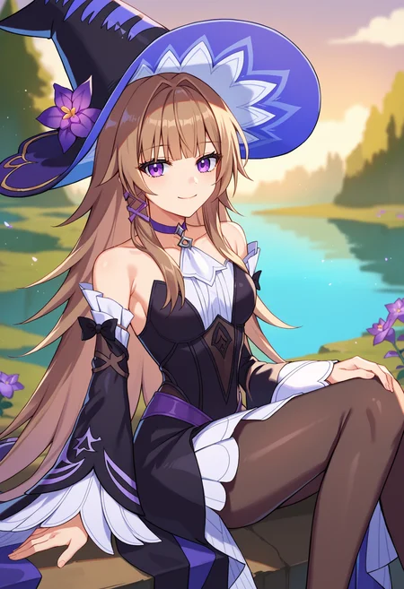 score_9, score_8_up, score_7_up, source_anime,
BREAK
1girl, solo, hsrstyle,
<lora:shiAdultHertaV1:1.0>, shibigherta, long hair, purple eyes, brown hair, purple choker, hair intakes,
witch, witch hat, hat flower, black headwear, purple flower,
black dress, long sleeves, bare shoulders, detached sleeves, sleeveless,
black pantyhose,
looking at viewer, smile,
outdoors, scenery,