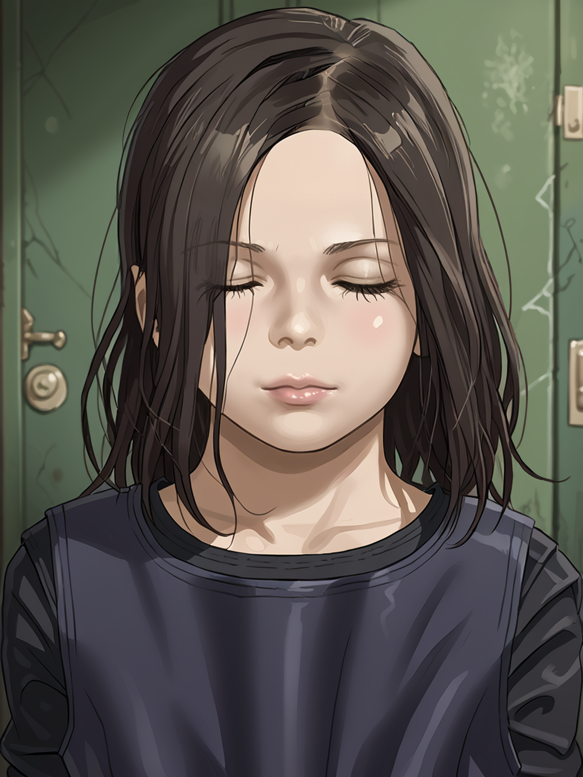 realistic, 1girl, source_anime, score_9, <lora:zPDXL3:0.8> <lora:Pony_DetailV2.0:0.85> asymmetrical
darkness, nighttime, <lora:Based Eveline:1> sevenline, 
closed eyes, kissy face, lips puckered