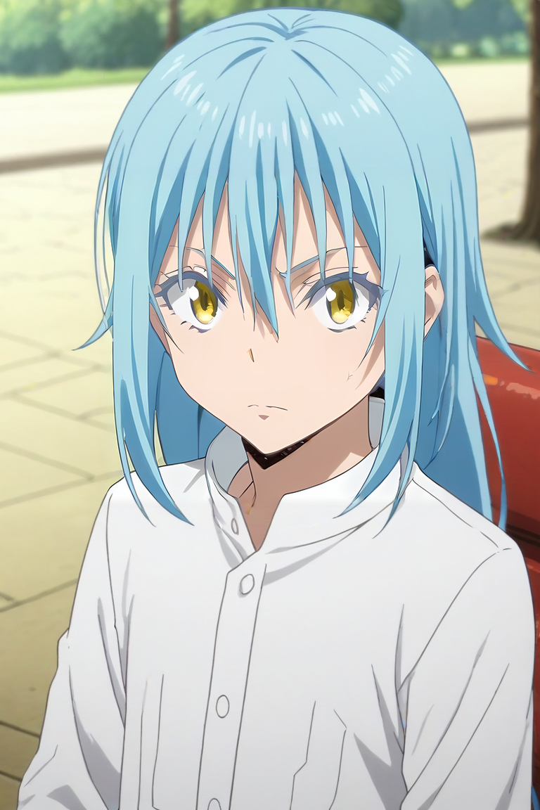 score_9, score_8_up, score_7_up, score_6_up, score_5_up, score_4_up, BREAK source_anime, anime screencap, anime coloring, official style, looking at viewer, , depth of field, 1other, androgynous, solo, <lora:rimuru_tempest_pony:0.96>, rimuru_tempest, blue hair, yellow eyes, long hair, bangs, hair between eyes, , , , <lora:sdxl_lightning_8step_lora:1>