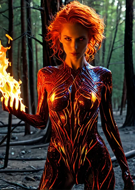 Photo of Firos, launching fire from her hands, burning down a woodland, (detailed beautiful face, detailed, ultra-detailed body:1.1),best quality,photo-realistic,highly detailed,absurdres,cinematic lighting,hyper-realistic,sharp focus,32k resolution,detailxl,SimplePositiveXLv2,