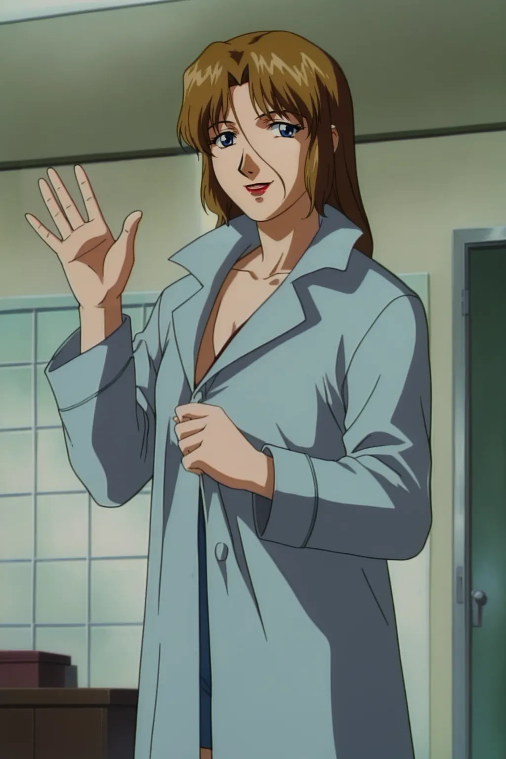 score_9, best, masterpiece, uncensored,
indoors,
1girl, solo, 1990s (style), retro artstyle, smile,
DWKojiKyoukoTamachi, red lips,
TrenchcoatOutfit, trench coat, waving,
<lora:DWKojiKyoukoTamachi_V3:0.8>​​​