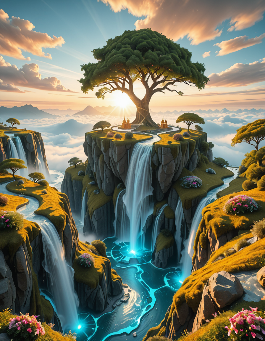 A mesmerizing celestial background featuring an otherworldly paradise. Towering crystalline mountains with peaks that glow softly under a sky painted in shifting hues of iridescent blues, pinks, and golds. Rivers of liquid light flow through vast, open meadows filled with luminescent flowers that pulse with a gentle glow. Gigantic, translucent trees with silver leaves sway in a breeze that carries floating particles of golden dust. Suspended bridges made of shimmering energy connect ancient, floating monoliths engraved with intricate celestial patterns. In the distance, an enormous radiant waterfall cascades into a bottomless, mist-covered abyss, reflecting the surrounding ethereal glow. A tranquil atmosphere, untouched and divine, filled with an overwhelming sense of wonder and serenity.
<lora:SDXLFaeTastic2400:0.4> <lora:extremely_detailed:0.4> extremely detailed,heavenly l4ndsc4p3, <lora:heavenly_l4ndsc4p3-i:1>, Masterpiece,best quality,hi res,8k,hi res,8k,award winning,(sharp focus, intricate, highly detailed),