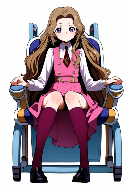 masterpiece, best quality, very aesthetic, absurdres,
1girl, nunnally, long hair, brown hair, purple eyes,
school uniform, ashford academy school uniform, kneehighs, necktie, pinafore dress, long sleeves, shirt, white shirt, pink dress, shoes,
chair, sitting, full body,
looking at viewer, solo, smile, simple background, white background, <lora:NunnallyViBritanniaNoobXL_byKonan:1>