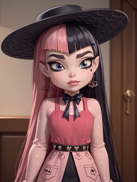 <lora:Draculora-000007:1>draculaura, streaked hair, two-tone hair, pink hair, black hair, 1girl, long hair, solo, hat