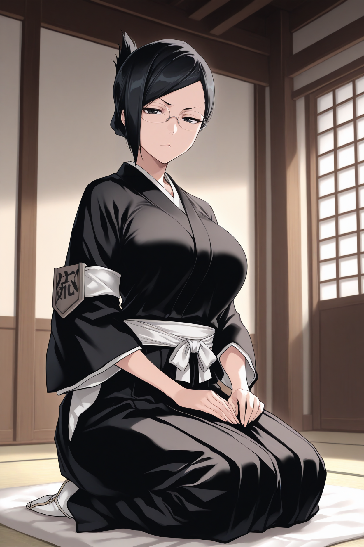 masterpiece, best quality, 1girl, solo,  <lora:isenanao-illu-nvwls-v1-000005:1> blIse, black hair, folded ponytail, short hair, black eyes, glasses, black kimono, black hakama, white sash, tabi, armband, arm badge, large breasts, looking at viewer, seiza, japanese architecture, indoors, looking at viewer, half-closed eyes, glare