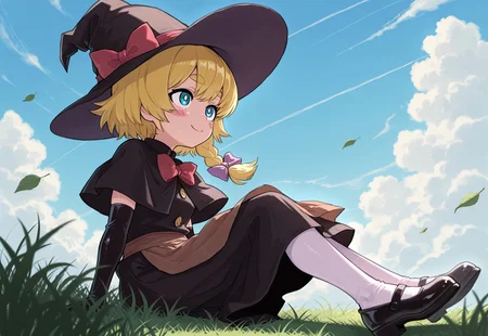 best quality, hires, extremely detailed, thick outlines,
beautiful eyes,
1girl, solo, (meguru (cookie):1.2), full body,
black hat, witch hat, (hat bow, red bow), BREAK
blonde hair, short hair, side braid, (hair bow, purple bow),
blue eyes, bright pupils, thick eyebrows,
blush stickers,
red bowtie,
black capelet,
buttons,
black skirt, black vest,
brown waist apron,
black elbow gloves,
white pantyhose,
black shoes, mary janes,
skirt set,
smile, looking up, looking afar, sitting, from below, from side, floating hair,
outdoors, falling leaves, on grass, blue sky, cloud,