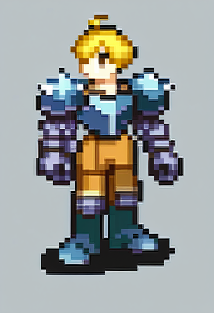 score_9, score_8_up, score_7_up, source_anime, BREAK, solo, 1boy, full body, standing,  <lora:FEGBA-SpritesV2-pdxl_Fp:1>, simple background, pixel art,  <lora:fframza-pdxl-nvwls-v1:0.8>, ramza beoulve, blonde hair, ahoge, brown eyes, short hair, black armor, spiked pauldrons, brown pants, armored boots, gauntlets