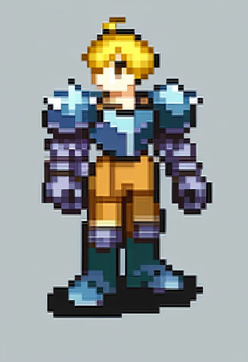 score_9, score_8_up, score_7_up, source_anime, BREAK, solo, 1boy, full body, standing, <lora:FEGBA-SpritesV2-pdxl_Fp:1>, simple background, pixel art, <lora:fframza-pdxl-nvwls-v1:0.8>, ramza beoulve, blonde hair, ahoge, brown eyes, short hair, black armor, spiked pauldrons, brown pants, armored boots, gauntlets