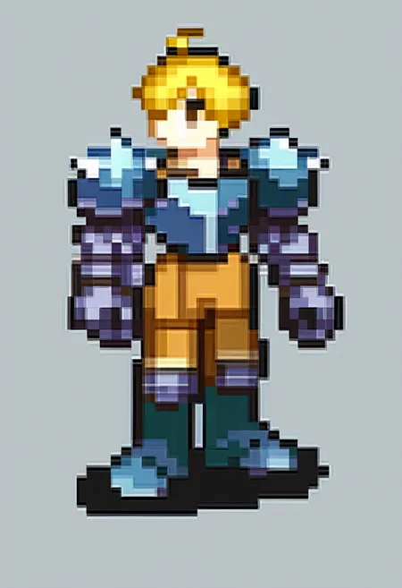 score_9, score_8_up, score_7_up, source_anime, BREAK, solo, 1boy, full body, standing,  <lora:FEGBA-SpritesV2-pdxl_Fp:1>, simple background, pixel art,  <lora:fframza-pdxl-nvwls-v1:0.8>, ramza beoulve, blonde hair, ahoge, brown eyes, short hair, black armor, spiked pauldrons, brown pants, armored boots, gauntlets