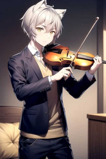 (masterpiece, intricate:1.3), (best quality, hires textures, high detail:1.2), (4k) 1boy, male, man, cat ears, no human ears, short hair, silver hair, yellow eyes, cargo pants, vneck, blazer, playing a violin