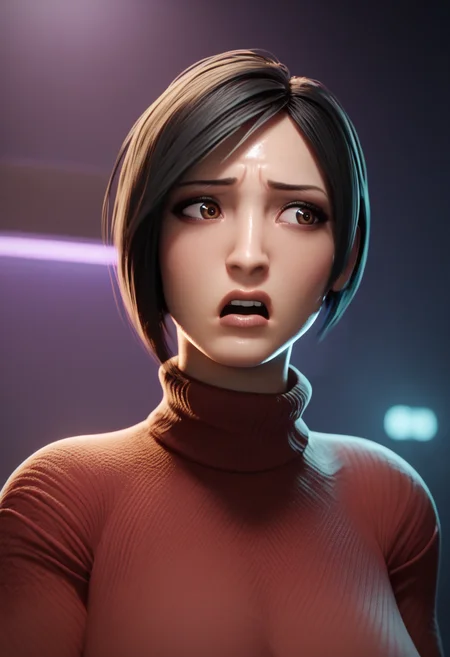score_9, score_8_up, score_7_up, score_6_up, BREAK <lora:radroachhd-guy-PONYv1:1>, 1girl, solo, ada wong, turtleneck sweater, upper body, depth of field, purple background, shiny skin, long sleeves, looking to the side, surprised, confused, underlighting, portrait, dark room, dark background, red sweater, brown eyes, makeup,