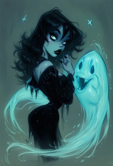 score_9, score_8_up, score_7_up, keener, 1girl, solo, straight black hair, long black dress, black nails, dark red lips, haunted house background, ghosts, dystyle, MandyDY