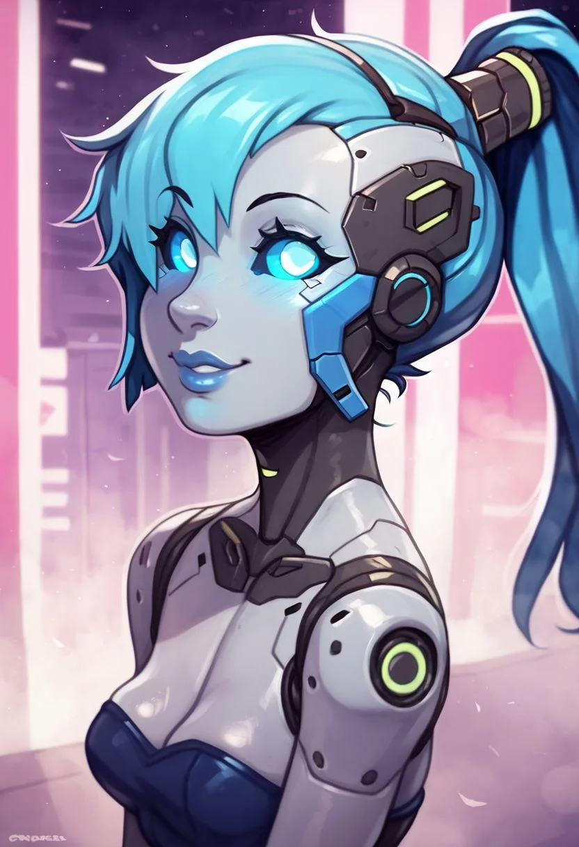 score_9, score_8_up, score_7_up, a cute girl smiling, viewed from behind, ;P, robot girl, android girl, (glowing blue eyes, solid blue eyes, glowing eyes, solid blue sclera, cyan), (blue hair, cyan), robot joints, ((grey artificial metal skin), cyberware lines, cyberware lines on face, robot skin lines on face), in a cyberpunk city, cyberpunk, neon lights, [[drawn by owler, drawn by cyancapsule, ]:0.6]  ((wearing a cute futuristic short strapless dress))