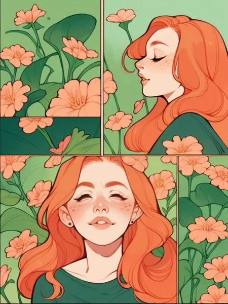 score_9, score_8_up, score_7_up, score_6_up,  <lora:p4n3lsXLP:0.9> p4n3ls, comic, panels, 1girl, flowers, long hair, ginger hair,