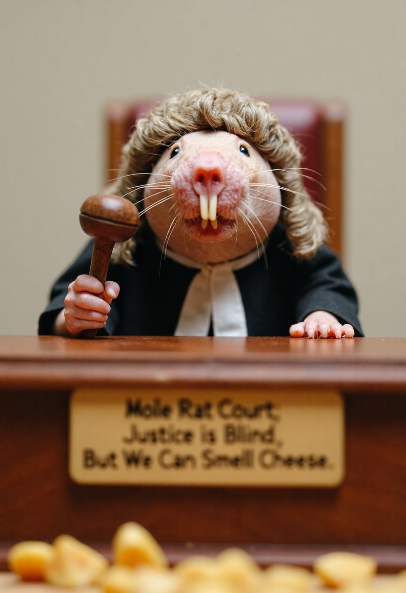 A mole rat wearing a judge's robe and wig, sitting at a tiny bench, banging a gavel. The sign on the bench reads: 'Mole Rat Court: Justice is Blind, But We Can Smell Cheese.'