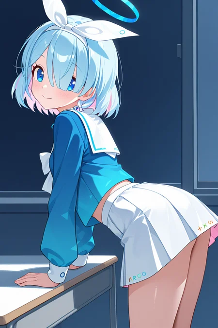 masterpiece, best quality, 1girl, solo, 21 year old model, eyelashes, (beautiful eyes), ,,, zzArona, blue eyes, blue hair, hair over one eye, bangs, blue halo, mechanical halo, long sleeves, ribbon, school uniform, serafuku, skirt, white skirt, <lora:AronaBlueArchiveIXL:1.0>, side view, ass, leaning forward, cowboy shot, smile, looking at viewer, shiny skin,