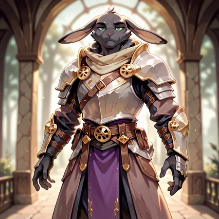 masterpiece, best quality, amazing quality, very aesthetic, solo,
harengon, furry hare, tail, ((drooping ears)),
1 boy, male focus, green eyes, black skin, full armor,
looking at the viewer,
fantasy background, blurred background,