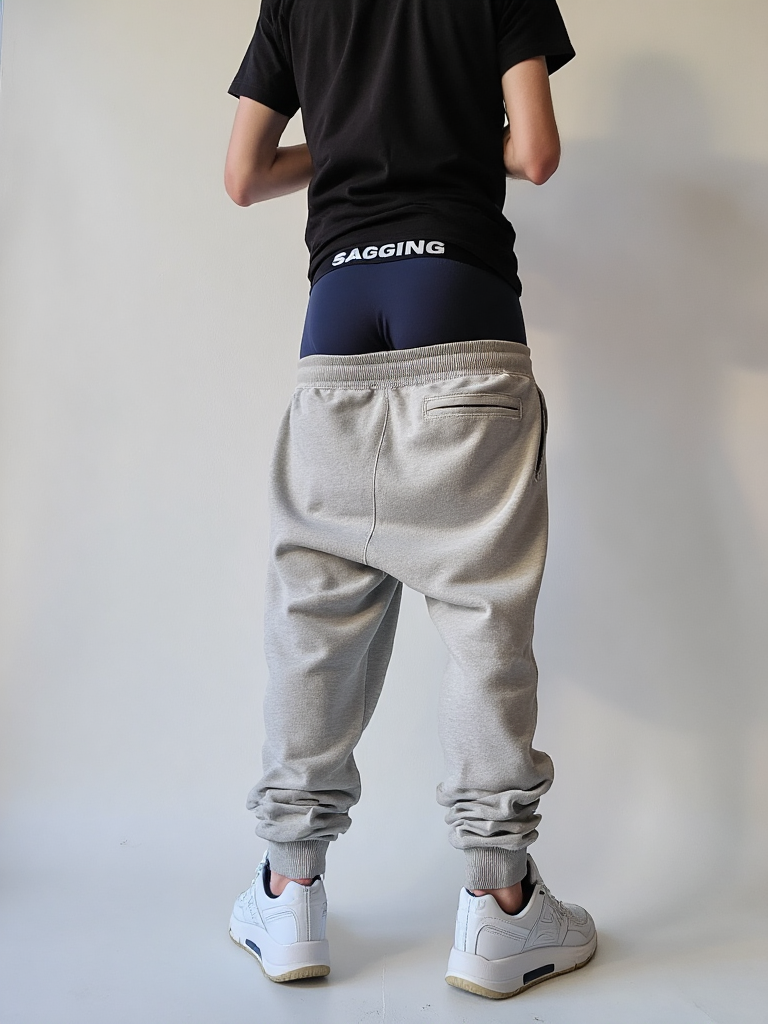 A young man, facing any direction, wearing a sagging light-colored sweatpants, revealing dark-colored boxers with a black waistband and white letters 'SAGGING' 