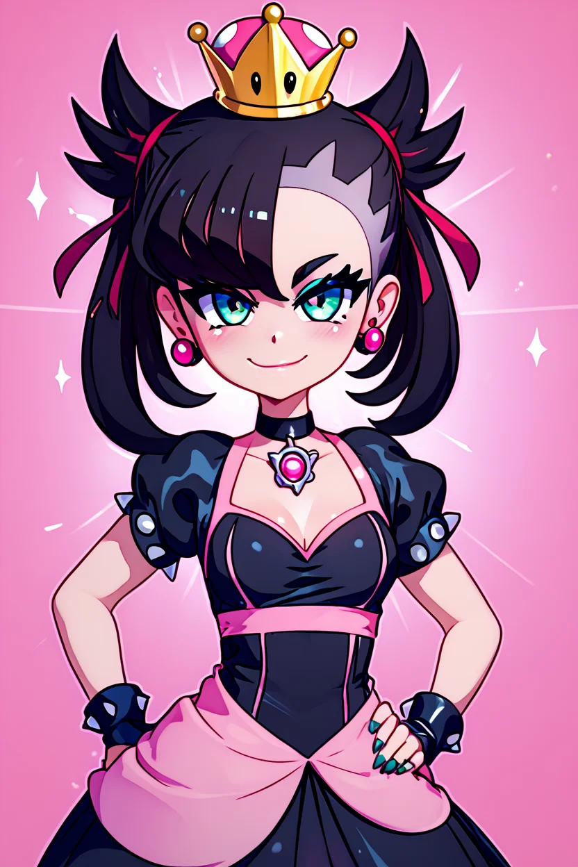 score_9, score_8_up, score_8, medium breasts, (curvy), cute, eyelashes,       BREAK, ,  zzShadowHimeMarnieCitron, super crown, black hair, twintails, asymmetric bangs, crown, black dress,  pink gemstone, pink waist bow, bangs, dress, jewelry, short sleeves, earrings, choker, black dress, black choker,  wide hips, hand on hip, smile, smug,  <lora:ShadowHimeMarnie_CitronOC_PDXL_v2:0.8>, BREAK, smile, closed mouth, looking at viewer, cowboy shot,  ,,, embedding:zPDXL, Expressiveh, ,,, <lora:MantisStyle_PDXL_v2:0.8>, <lora:SDXLFaeTastic2400:0.5>, <lora:Expressive_H-000001:0.4>,