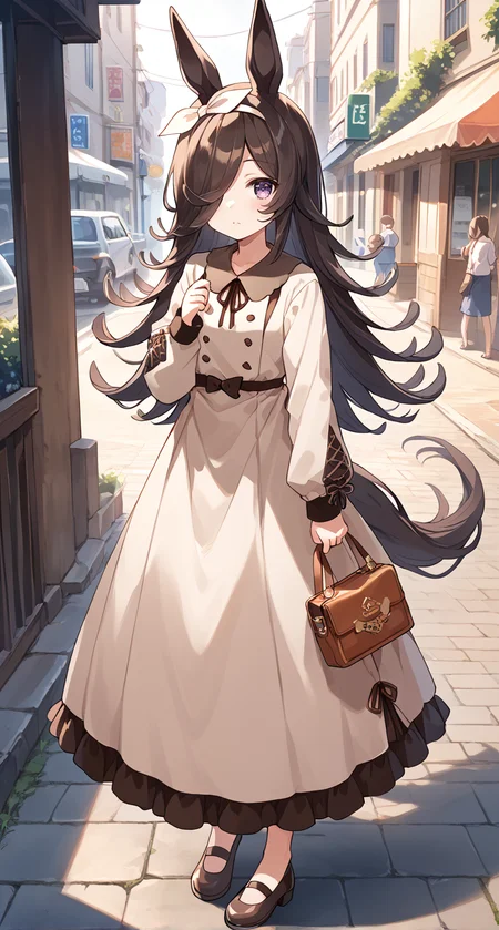 score_9,score_8_up,score_7_up,
official art,official style,game cg,megami magazine,
1girl,
rcs casual,rice shower (umamusume),
animal ears,bangs,blush,bow,brown dress,brown hair,brown ribbon,
casual,collared dress,dress,eyebrows visible through hair,frilled dress,
frills,hair bow,hair over one eye,hair ribbon,hairband,horse ears,horse girl,horse tail,
long hair,long sleeves,puffy long sleeves,puffy sleeves,ribbon,tail,violet eyes,white hairband,
standing, full body,
<lora:umamusume_rice_shower_pony_v1:1>,