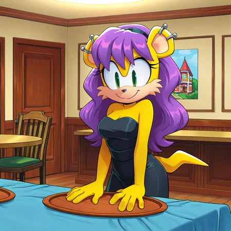 (masterpiece), (best quality), (ultra-detailed), amazing quality, very aesthetic, illustration, perfect composition, intricate details, absurdres, incredibly absurdres, <lora:minamongooseillustrious:1>, mina mongoose, indoors, yellow fur, purple hair, furry female, green eyes, 1girl, solo, earrings, wearing black dress, strapless, indoors, detailed background, smile, posing, party, chairs, tables,