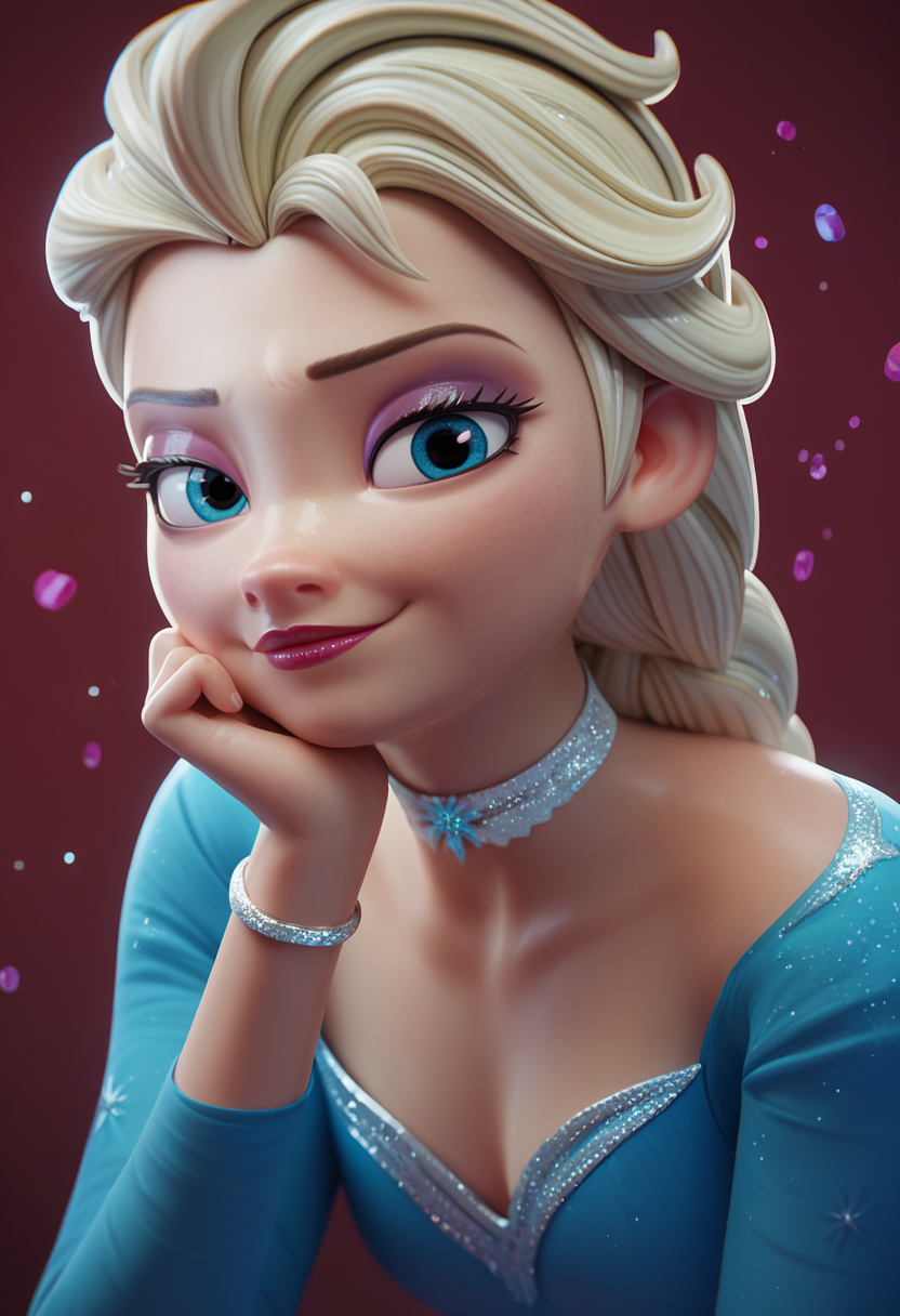 score_9, score_8_up, score_7_up  <lora:fugtrup-guy-PONYv2:1>, 1girl, solo, elsa \(frozen\), portrait, blue dress, long sleeves, burgundy background, choker, bracelet, makeup, simple background, head rest, glitter,