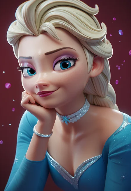 score_9, score_8_up, score_7_up  <lora:fugtrup-guy-PONYv2:1>, 1girl, solo, elsa \(frozen\), portrait, blue dress, long sleeves, burgundy background, choker, bracelet, makeup, simple background, head rest, glitter,