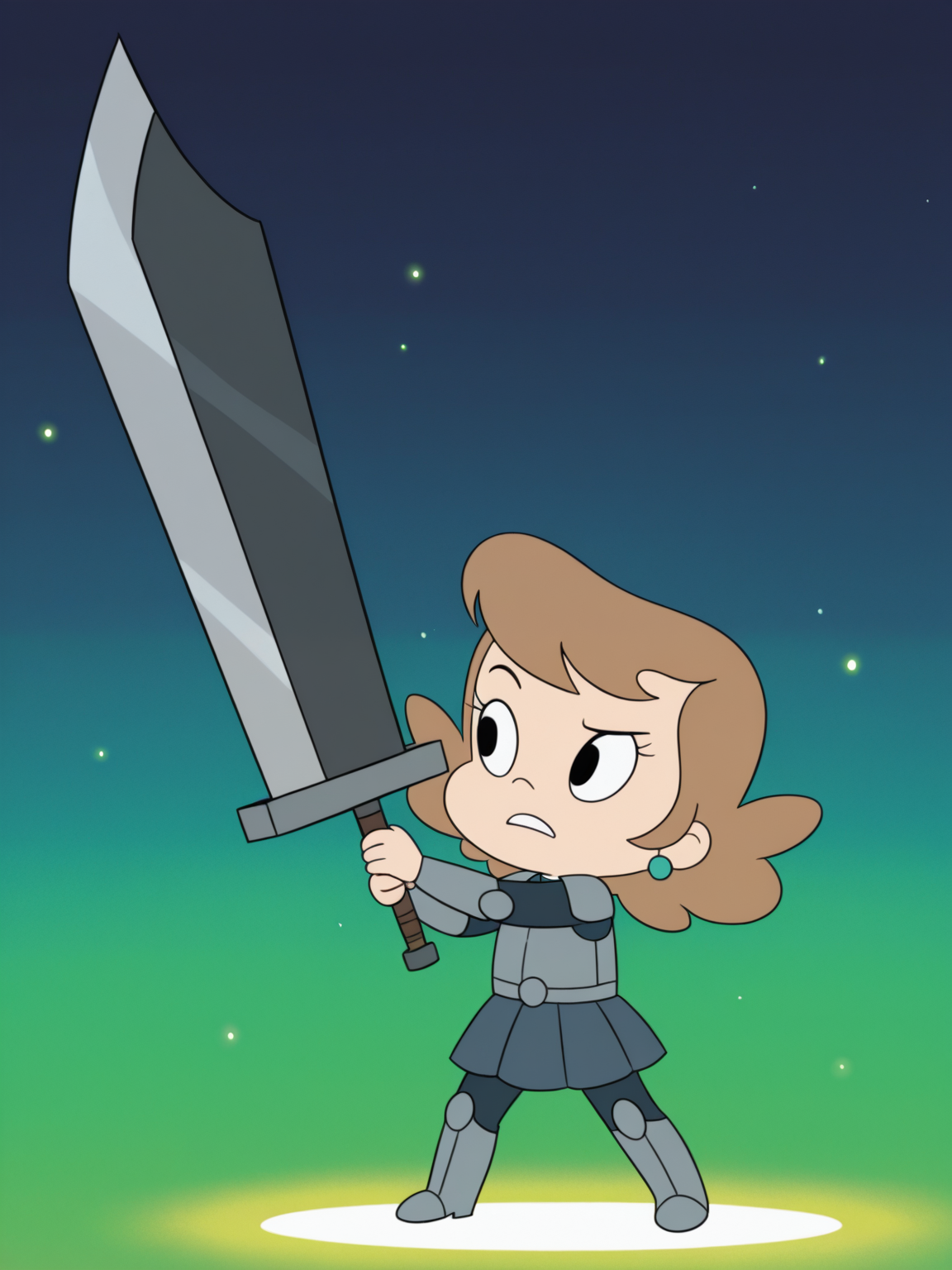 <lora:FrufruIL:0.7> f_u, 1girl, short hair, fair hair, bangs, black eyes, earrings,
gigantic sword, steel armor,glowing liens, action, full body, glowing background