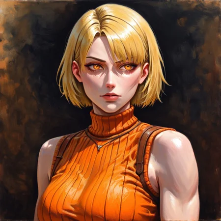 masterpiece, best quality, newest, absurdres, highres, GOTPV1.0, oil painting (medium), 
1girl, ashley graham (resident evil), blonde, orange shirt, blonde hair, orange sweater, 
sleeveless, sleeveless sweater, sleeveless tutrleneck, turtleneck, short hair, curtained hair,