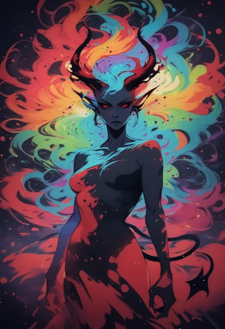 score_8_up, abstract, demon woman, horns, red eyes, demon tail, evil, rainbow hair, particles, breasts, colorful, abstract background, <lora:NoctAbstractConcept:1>