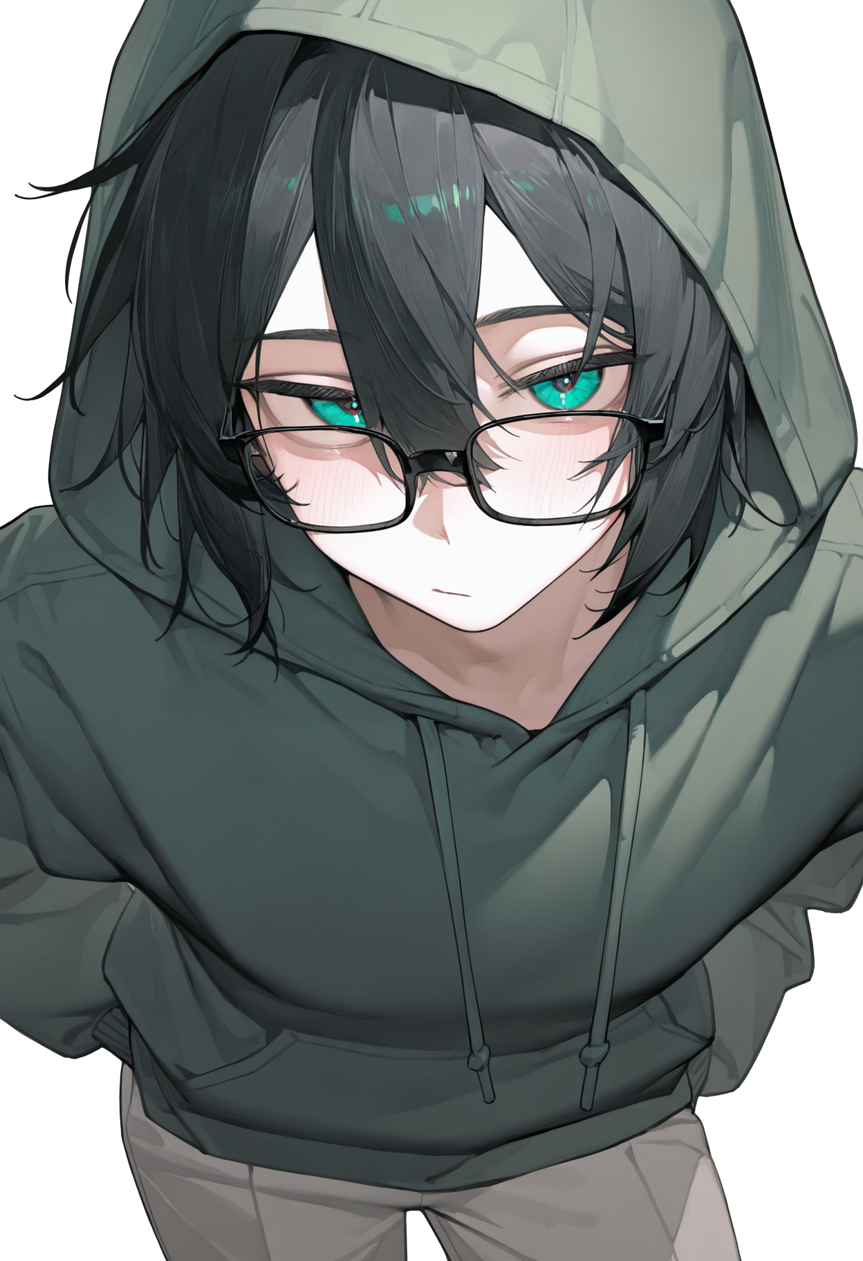 <lora:eatsleep111SDXL:0.75>, best quality, masterpiece, eatsleep1111, vedal987, hood up, 1boy, green hoodie, black hair, glasses, drawstring,  black-framed eyewear, pants,  double-parted bangs, <lora:NeuroEvilVedalNoob11:1>,