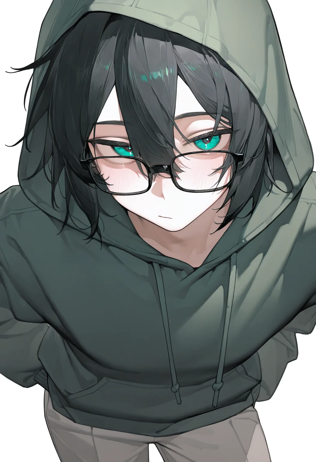 <lora:eatsleep111SDXL:0.75>, best quality, masterpiece, eatsleep1111, vedal987, hood up, 1boy, green hoodie, black hair, glasses, drawstring, black-framed eyewear, pants, double-parted bangs, <lora:NeuroEvilVedalNoob11:1>,