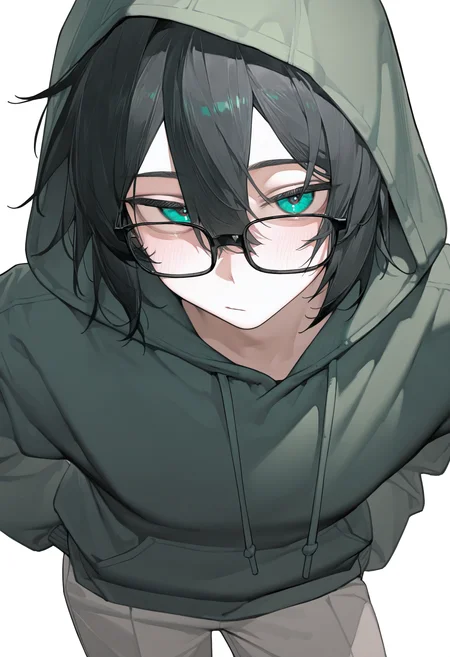 <lora:eatsleep111SDXL:0.75>, best quality, masterpiece, eatsleep1111, vedal987, hood up, 1boy, green hoodie, black hair, glasses, drawstring,  black-framed eyewear, pants,  double-parted bangs, <lora:NeuroEvilVedalNoob11:1>,