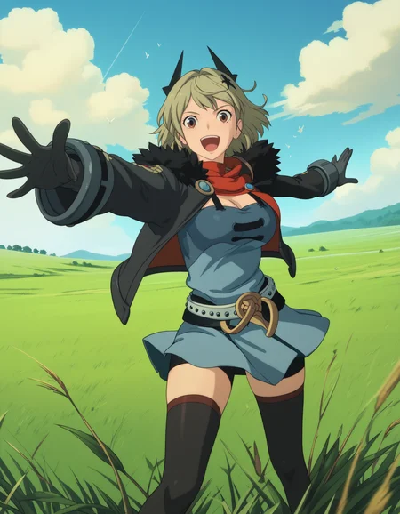score_9,  score_8_up, score_7_up, <lora:Ghibli2XLP:0.7> ghibli <lora:caesar-zzz-v3-ponyxl-000025:0.9:lbw=0,0,0,0,0,0,1,1,0,0,0,0> c4esark1ng, hair ornament, gloves, fur-trimmed jacket, short dress, cleavage, belt, thighhighs,
solo, field, outstretched arms, open mouth, happy, wind, blue sky, grass, cloud