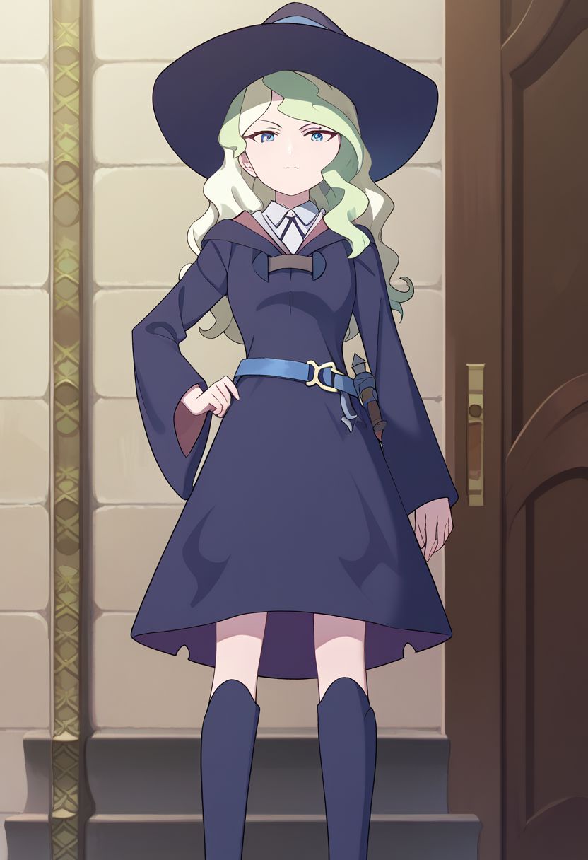 score_9, score_8_up, score_7_up, source_anime, highly detailed, 
diana, 1girl, solo, hat, blue eyes, long hair, witch hat, light green hair, witch, dress, hand on hip, looking at viewer, luna nova school uniform, boots,
standing, school uniform, blonde hair, thighhighs, multicolored hair, upper body
outdoor,