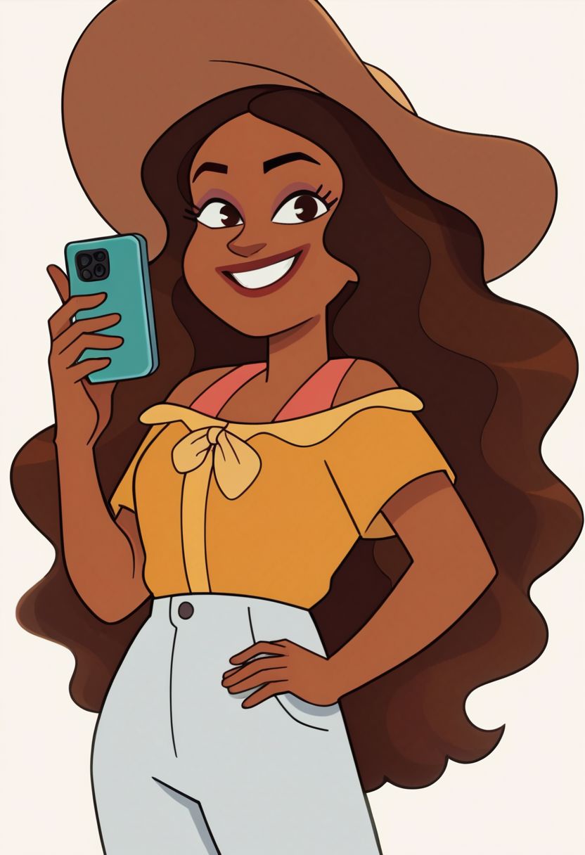 score_9,score_8_up,score_7_up,score_6_up, OverallDetail, Kristine Sanchez, on hand on hip, looking at viewer, 1girl,Brown skinned, long hair, wavy hair, brown hair, Regular outfit, smile, phone in hand