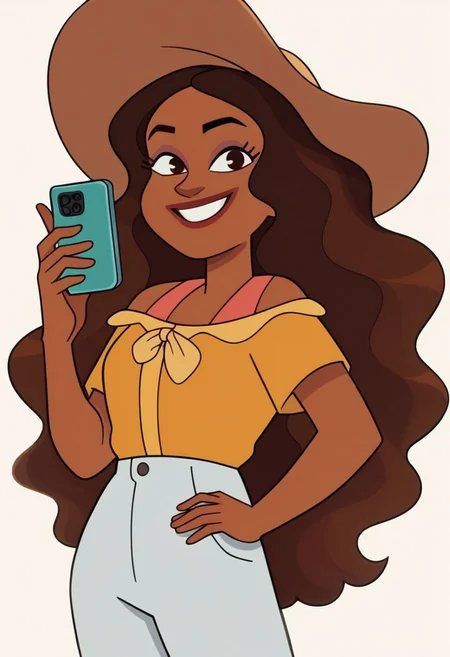 score_9,score_8_up,score_7_up,score_6_up, OverallDetail, Kristine Sanchez, on hand on hip, looking at viewer, 1girl,Brown skinned, long hair, wavy hair, brown hair, Regular outfit, smile, phone in hand