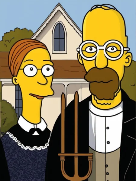 american gothic by grant wood, simpstyle <lora:SDXL-simpstyle-Lora:1>, Very detailed, clean, high quality, sharp image