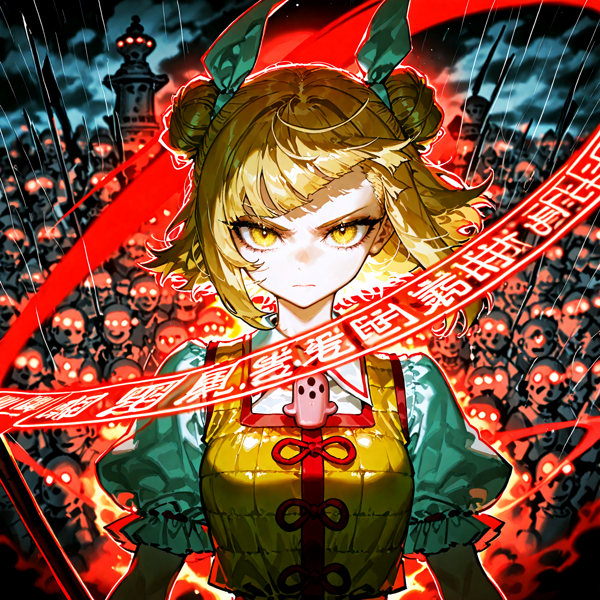 optical illusion,ssambatea, quasarcake, Fishine,piaki, touhou, joutouguu_mayumi, absurdres, highres ,1girl ,army, banner, blonde_hair, blurry, blurry_background ,closed_mouth, cloud ,dark_clouds, depth_of_field,dress, hair_ribbon ,haniwa_(statue) ,horse ,looking_at_viewer ,polearm, puffy_short_sleeves, puffy_sleeves ,rain ,ribbon ,serious ,shirt ,short_hair ,short_sleeves upper_body, weapon ,white_ribbon, white_shirt ,yellow_dress ,yellow_eyes,
<lora:illustrious_noobai_epsilon_pred_1_best_quality_v1:0.7> ,<lora:illustrious_noobai_epsilon_pred_1_masterpieces_v1:0.7>, <lora:ponyv4_noob1_2_adamW:0.7>, <lora:touhou_146:0.5>