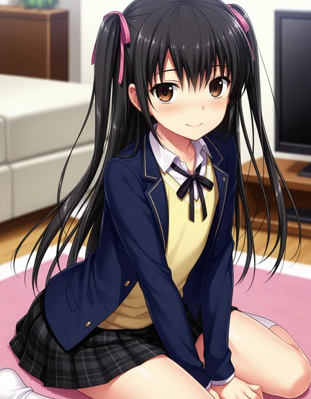 1boy, solo, esaka haruki, otoko no ko, black hair, long hair, long twintails, hair ribbon, brown eyes, smile, blush, school uniform, blue blazer, open clothes, sweater vest, yellow sweater, black neck ribbon, black skirt, plaid skirt, miniskirt, yokozuwari, depth of field, indoors, living room <lora:esaka_haruki_ilxl_v1:0.7>