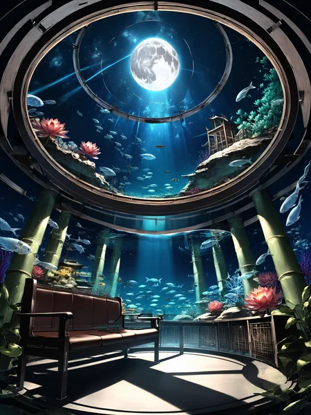breathtaking professional 3d model (Masterpiece:1.1),(best quality:1.1),score_9,score_8_up,score_7_up,score_6_up,((highly detailed background:1.2)), <lora:add-detail-xl:3>, BREAK, <lora:hitoimimXLlokr4f:1>,(NO HUMANS), BACKGROUND ONLY.<lora:Realistic_2.5DAnime_Merge1:0.8> HDR, available light,rim light, Magic Vortex,cover in spring, city_lights, cirrostratus_fibratus, ((underwater)),(flyiing fish:1.1), bubbles, coral, ((space)), stereoscopic 3d,moon, bamboo forest, full_moon, mid-autumn festival, bench,street, portrait, aerial, contour_deepening,octane render, highly detailed, volumetric, dramatic lighting, underwater world, submerse, submerged, scales, aquarium,water lily flower, moody light . award-winning, professional, highly detailed
