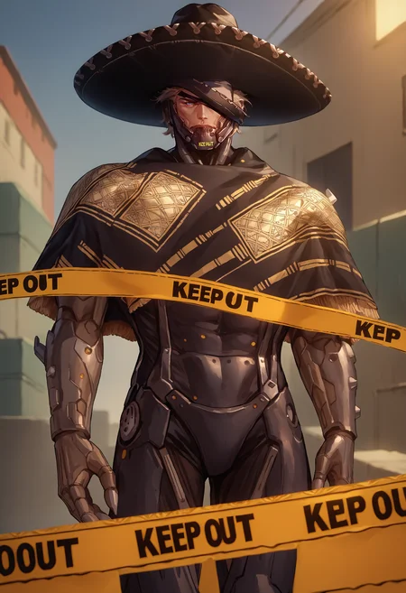 score_9, score_8_up, score_7_up, source_anime, 1boy,  <lora:KeepOut_XLPD:1.2>, keep out, caution tape, <lora:RaidenMGR_XLPD:1>, RaidenMGRSombrero, hat, cyborg, bodysuit, eyepatch, cowboy shot, blue eyes,